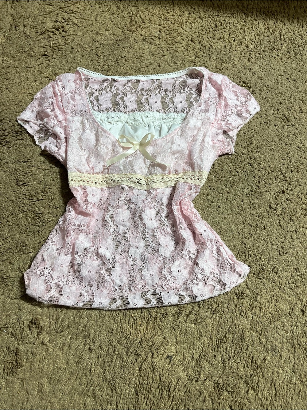 Pink Lace Overlay Long Sleeve Top with Ribbon Accent